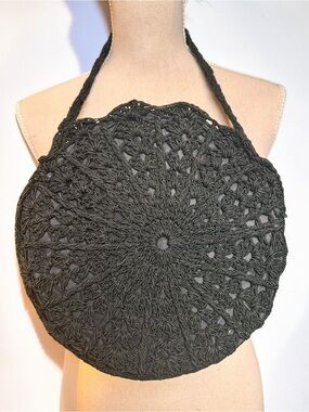 Vintage 1940s round black crochet handbag, intricate mandala-style pattern RARE